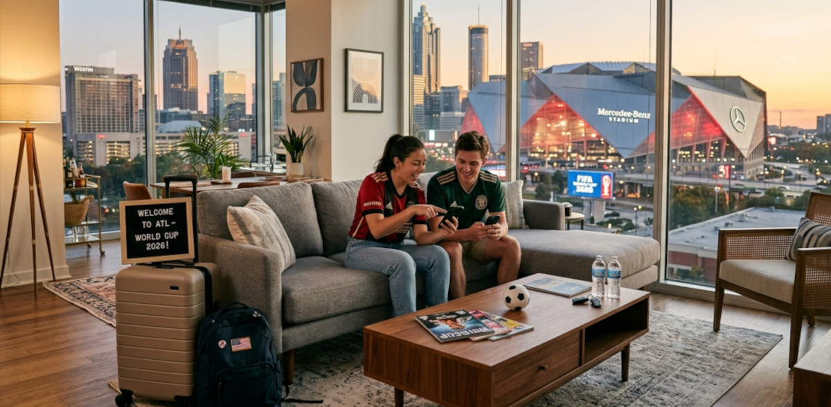 Atlanta Airbnb rental prepared for FIFA World Cup 2026 visitors, featuring a modern living space with travelers, luggage, and a view of the Atlanta skyline and Mercedes-Benz Stadium in the background.